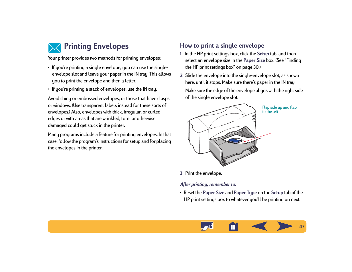 Printing envelopes, How to print a single envelope | HP Deskjet 842c Printer User Manual | Page 47 / 74