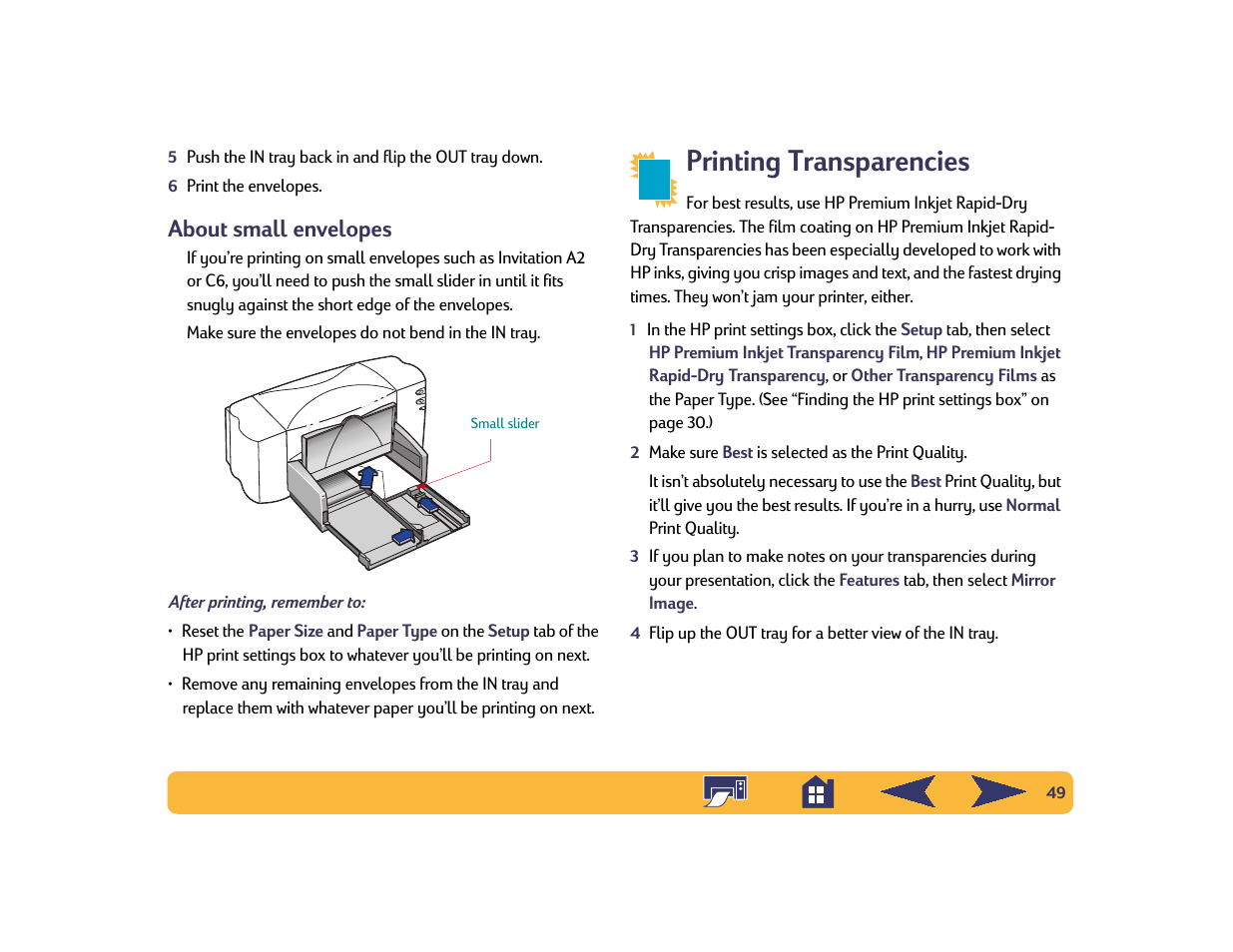 About small envelopes, Printing transparencies | HP Deskjet 842c Printer User Manual | Page 49 / 74