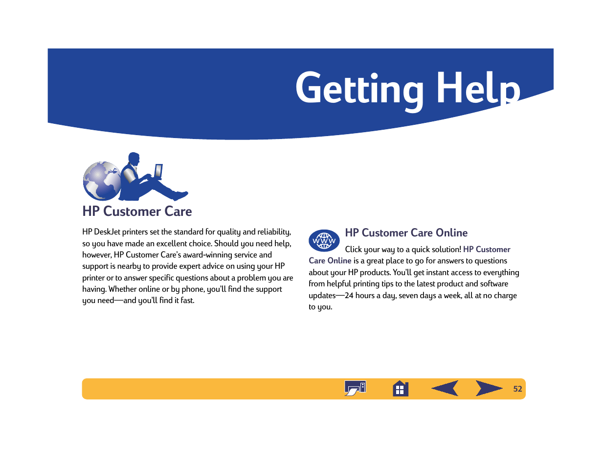 Getting help, Hp customer care, Hp customer care online | HP Deskjet 842c Printer User Manual | Page 52 / 74