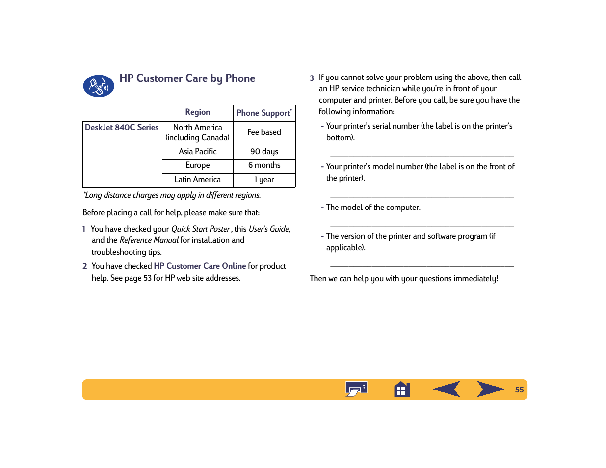 Hp customer care by phone | HP Deskjet 842c Printer User Manual | Page 55 / 74