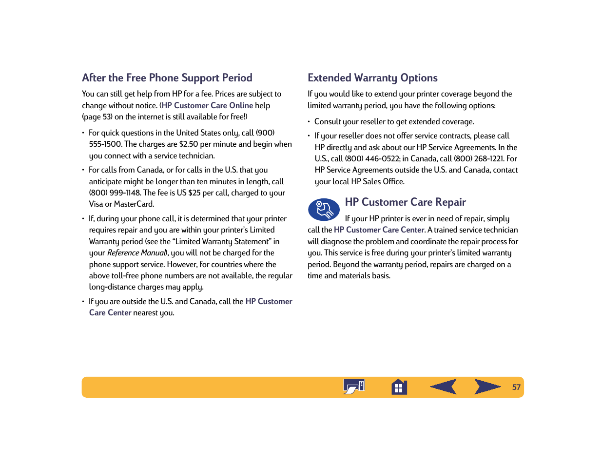 After the free phone support period, Extended warranty options, Hp customer care repair | HP Deskjet 842c Printer User Manual | Page 57 / 74