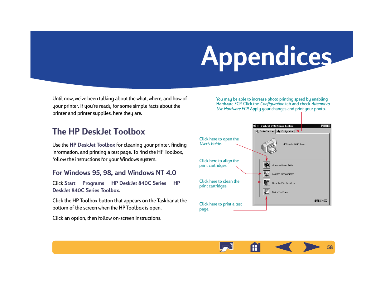 Appendices, The hp deskjet toolbox, For windows 95, 98, and windows nt 4.0 | HP Deskjet 842c Printer User Manual | Page 58 / 74