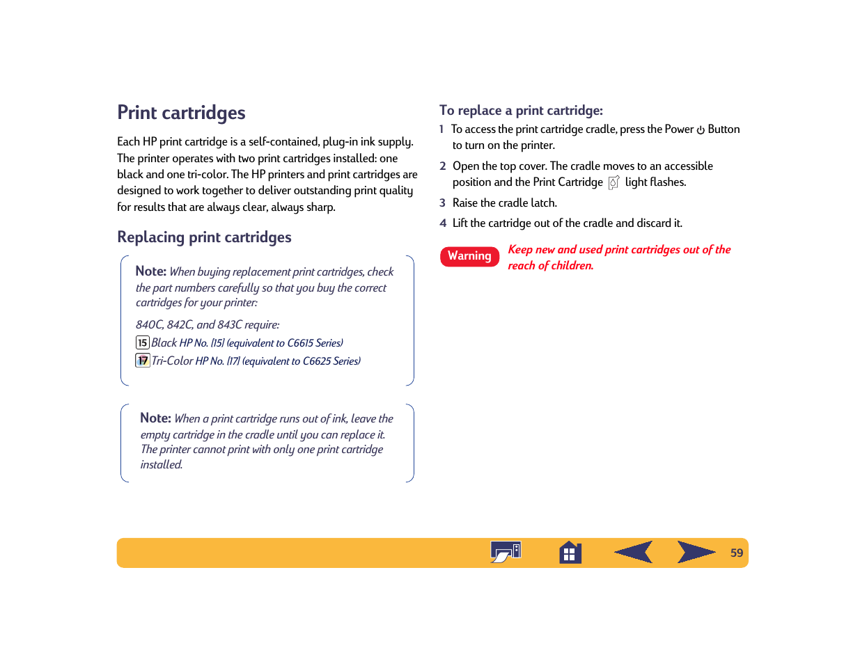 Print cartridges, Replacing print cartridges | HP Deskjet 842c Printer User Manual | Page 59 / 74