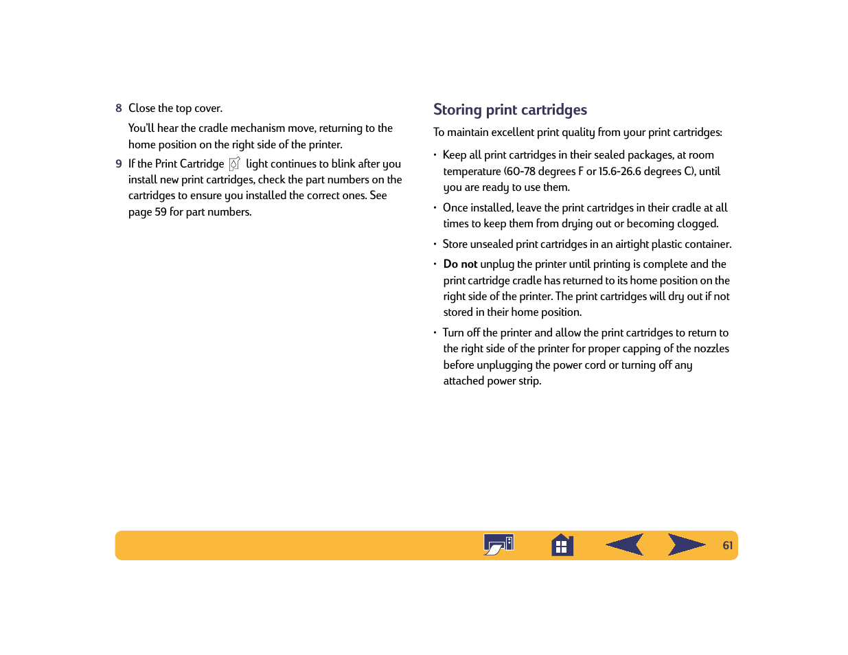 Storing print cartridges | HP Deskjet 842c Printer User Manual | Page 61 / 74