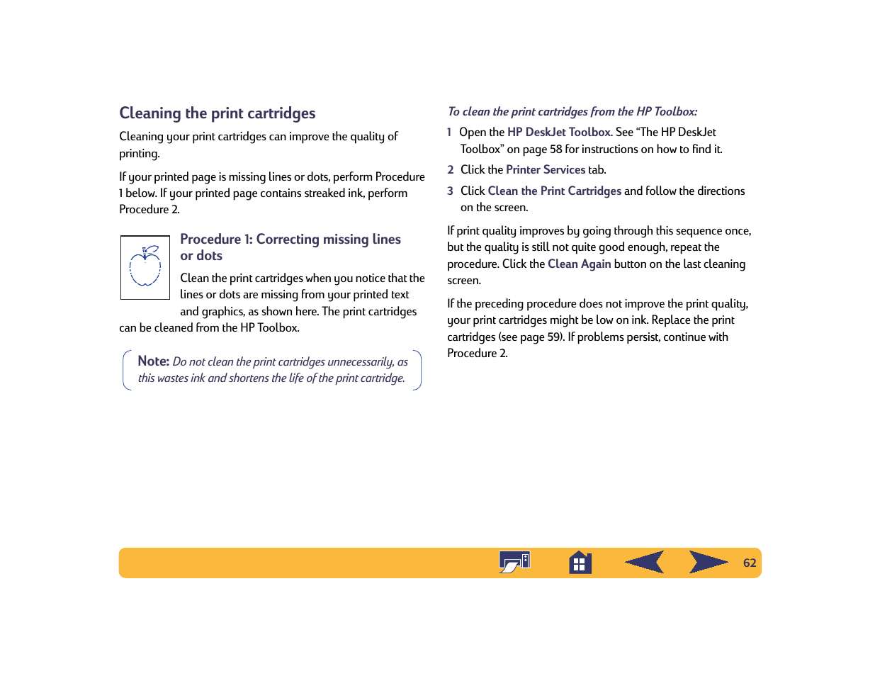 Cleaning the print cartridges | HP Deskjet 842c Printer User Manual | Page 62 / 74
