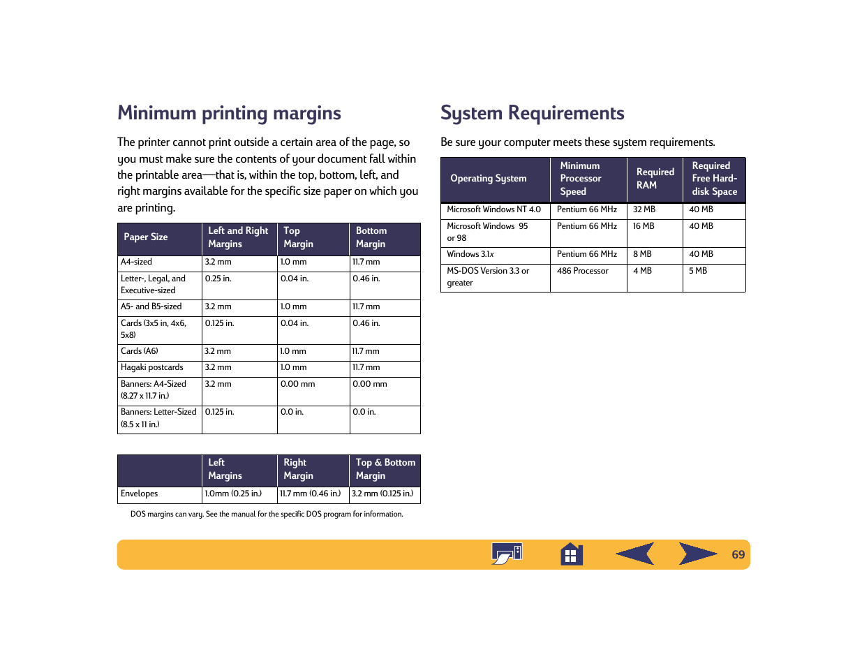 Minimum printing margins, System requirements, 69 system requirements | HP Deskjet 842c Printer User Manual | Page 69 / 74