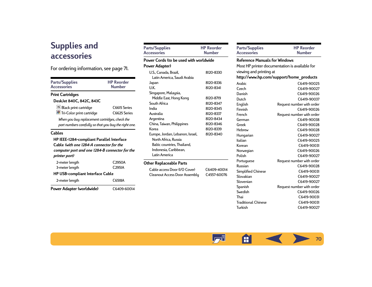 Supplies and accessories, 70 for or, For or dering information, see page 71 | HP Deskjet 842c Printer User Manual | Page 70 / 74