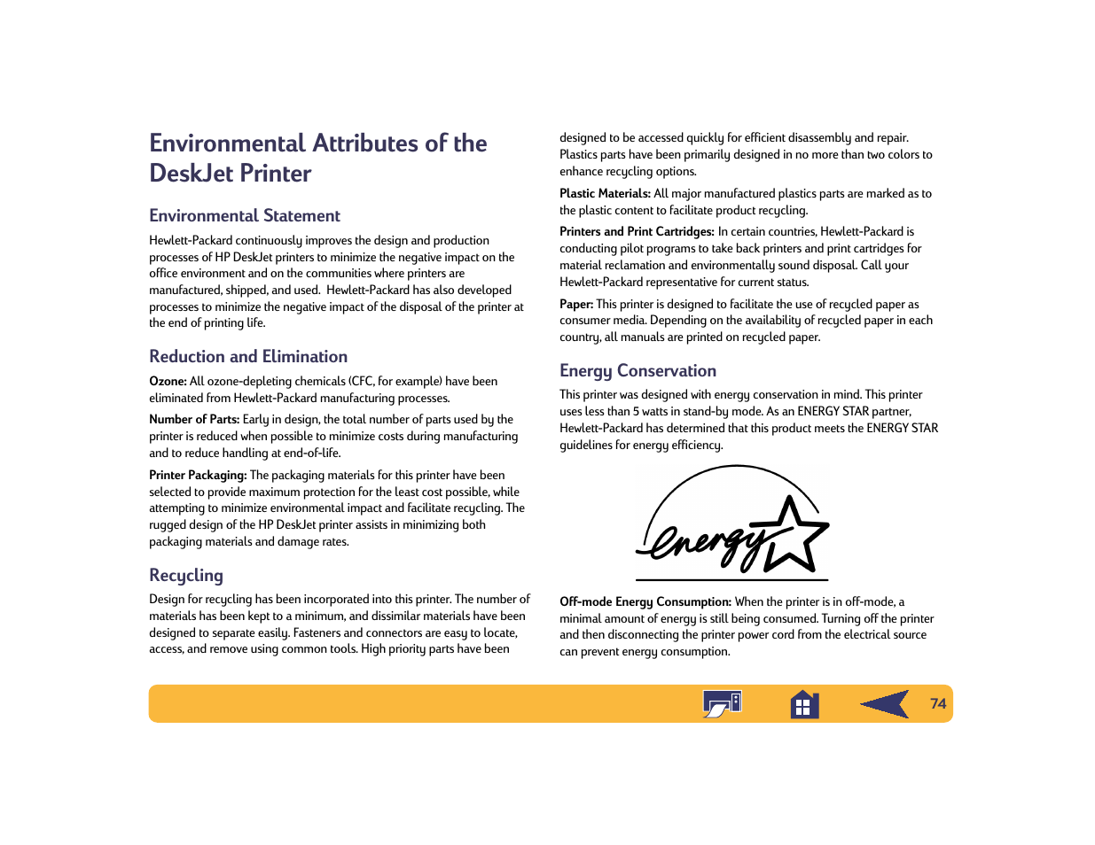 Environmental attributes of the deskjet printer | HP Deskjet 842c Printer User Manual | Page 74 / 74