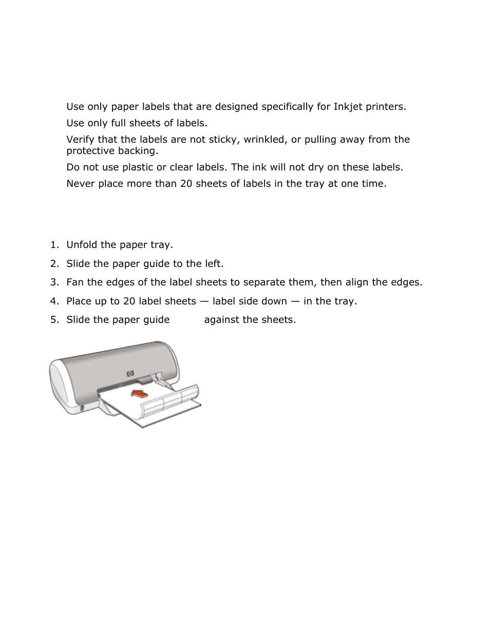 Labels, Printing guidelines, Preparing to print | HP Deskjet 3420 Color Inkjet Printer User Manual | Page 30 / 79