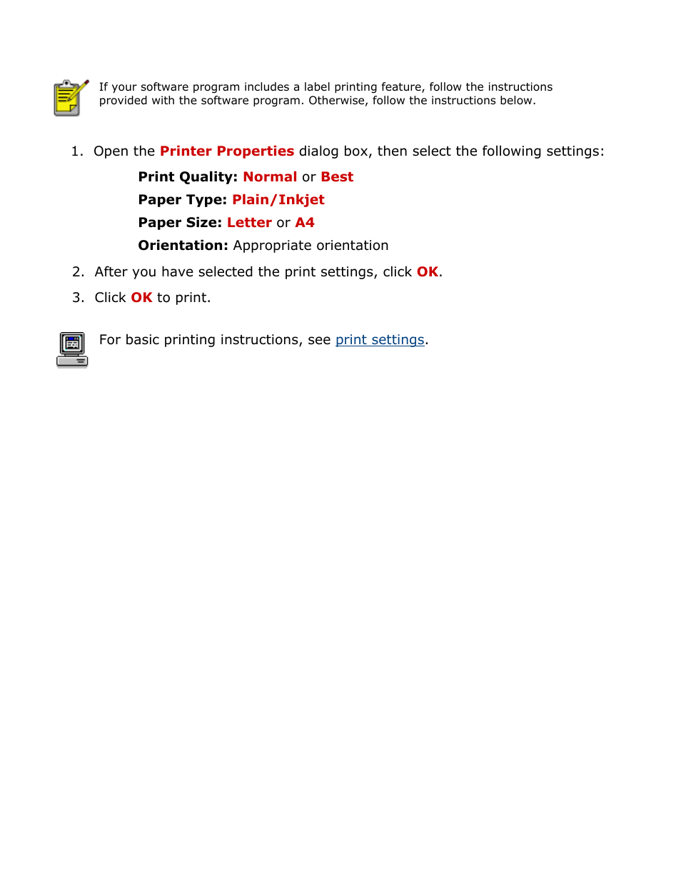 Printing labels | HP Deskjet 3420 Color Inkjet Printer User Manual | Page 31 / 79