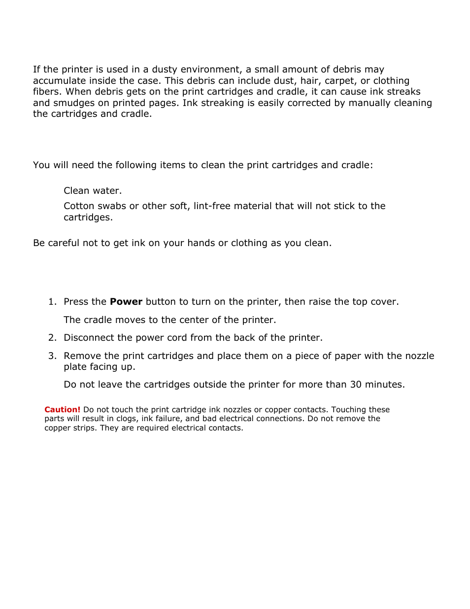 Manually cleaning print cartridges, Gathering cleaning supplies, Preparing to clean | HP Deskjet 3420 Color Inkjet Printer User Manual | Page 46 / 79