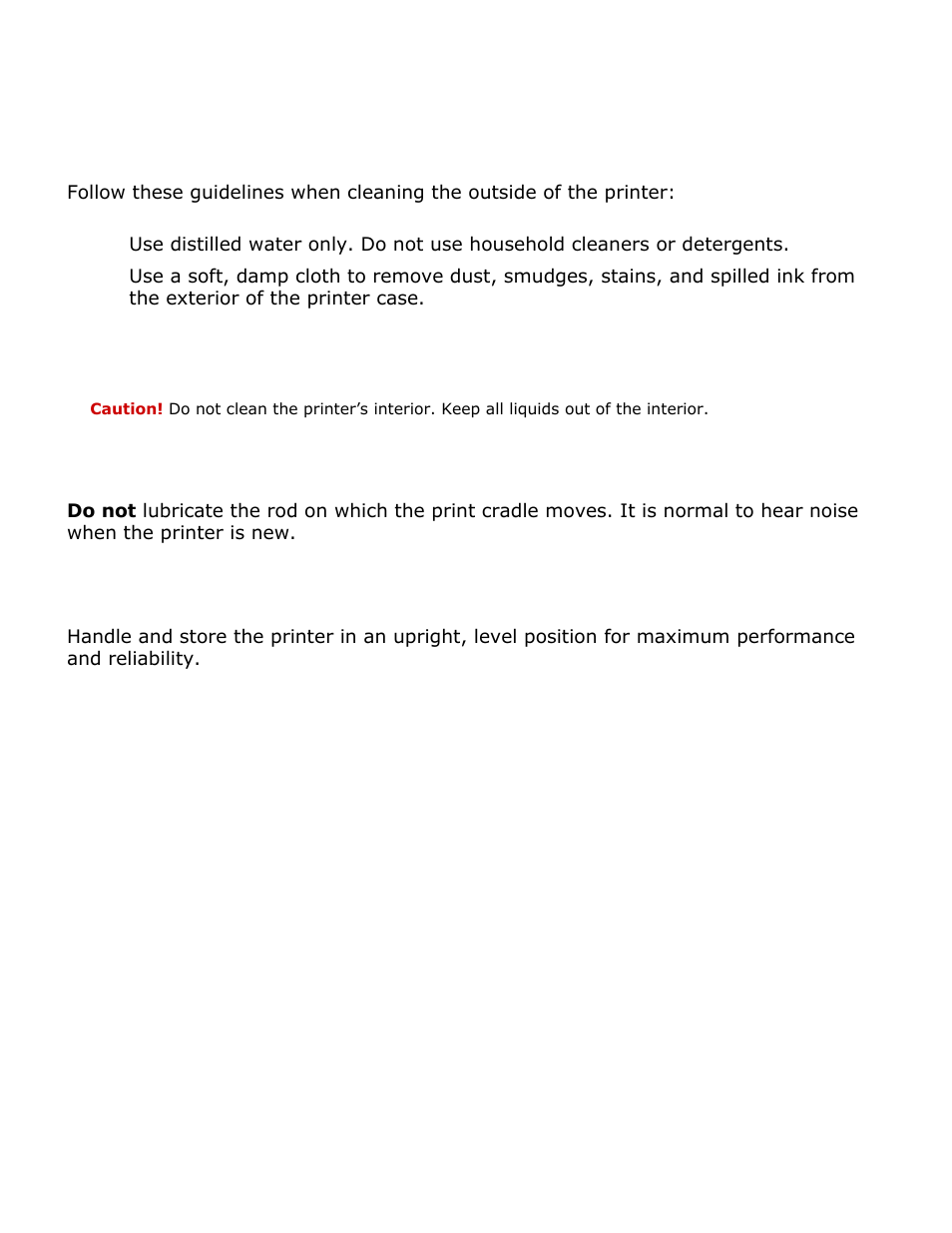 Maintaining the printer body, Printer case exterior, Printer interior | Print cradle rod, Handling and storage | HP Deskjet 3420 Color Inkjet Printer User Manual | Page 50 / 79