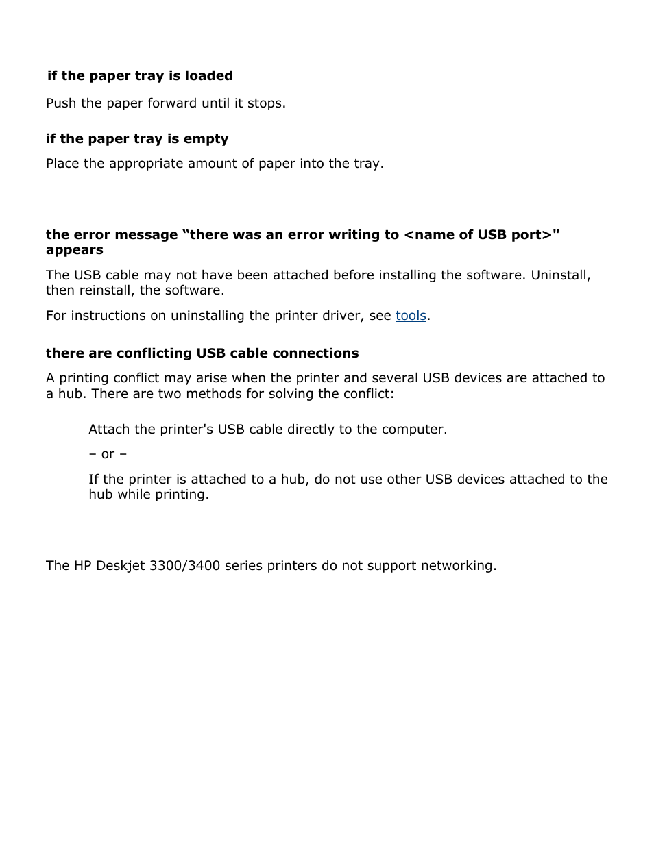 Out of paper, Usb problems, Networking problems | HP Deskjet 3420 Color Inkjet Printer User Manual | Page 55 / 79