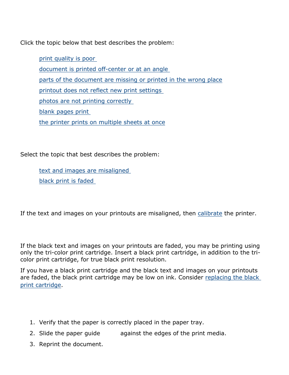 Problems with printouts, Print quality is poor, Text and images are misaligned | Black print is faded, Document is printed off-center or at an angle | HP Deskjet 3420 Color Inkjet Printer User Manual | Page 56 / 79