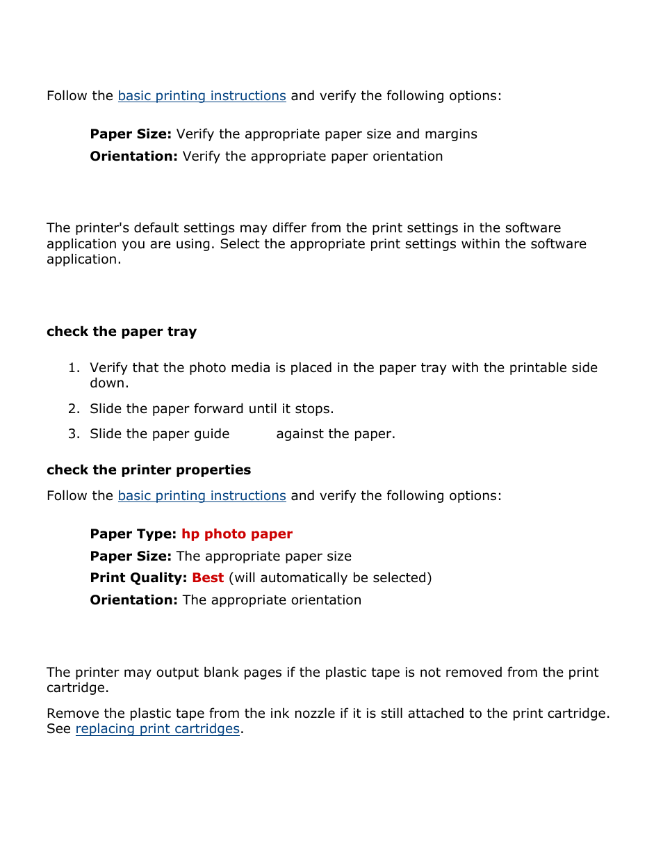 Printout does not reflect new print settings, Photos are not printing correctly, Blank pages print | HP Deskjet 3420 Color Inkjet Printer User Manual | Page 57 / 79