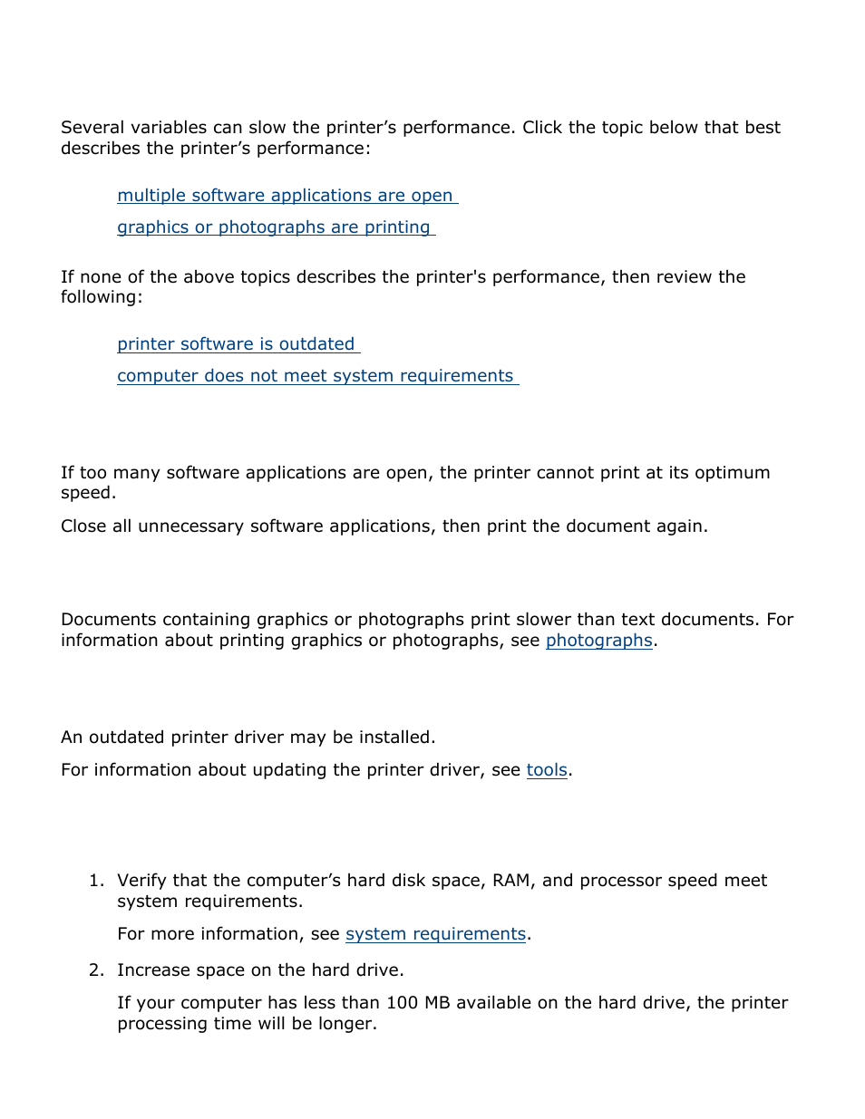 Printer is slow, Printer is too slow, Multiple software applications are open | Graphics or photographs are printing, Printer driver is outdated, Computer does not meet system requirements | HP Deskjet 3420 Color Inkjet Printer User Manual | Page 60 / 79