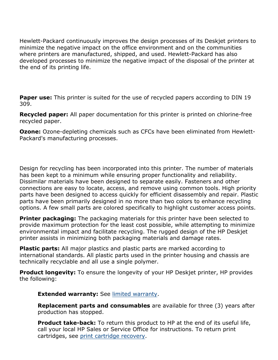 Environmental statement, Reduction and elimination, Recycling | HP Deskjet 3420 Color Inkjet Printer User Manual | Page 68 / 79