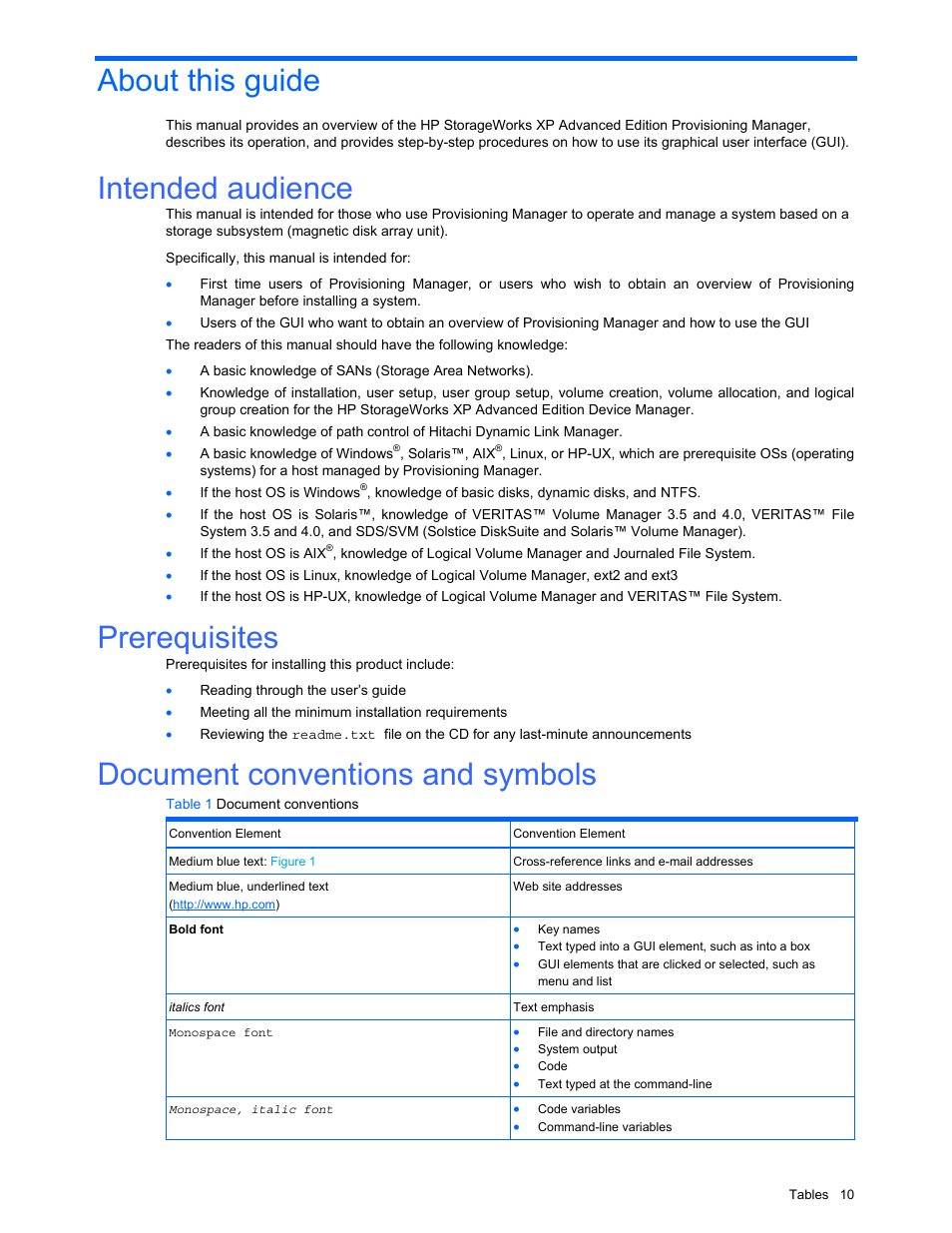 About this guide, Table 1 document conventions, Intended audience | Prerequisites, Document conventions and symbols | HP StorageWorks XP48 Disk Array User Manual | Page 10 / 203