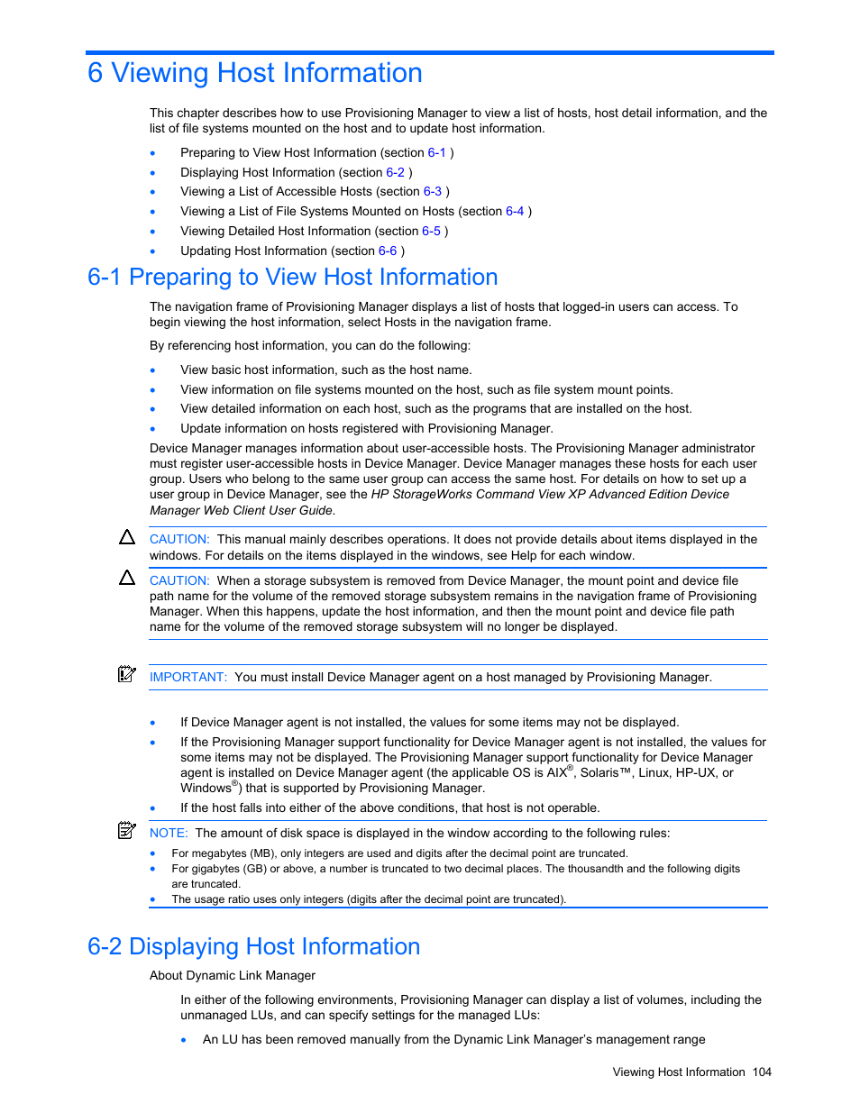 6 viewing host information, 1 preparing to view host information, 2 displaying host information | HP StorageWorks XP48 Disk Array User Manual | Page 104 / 203