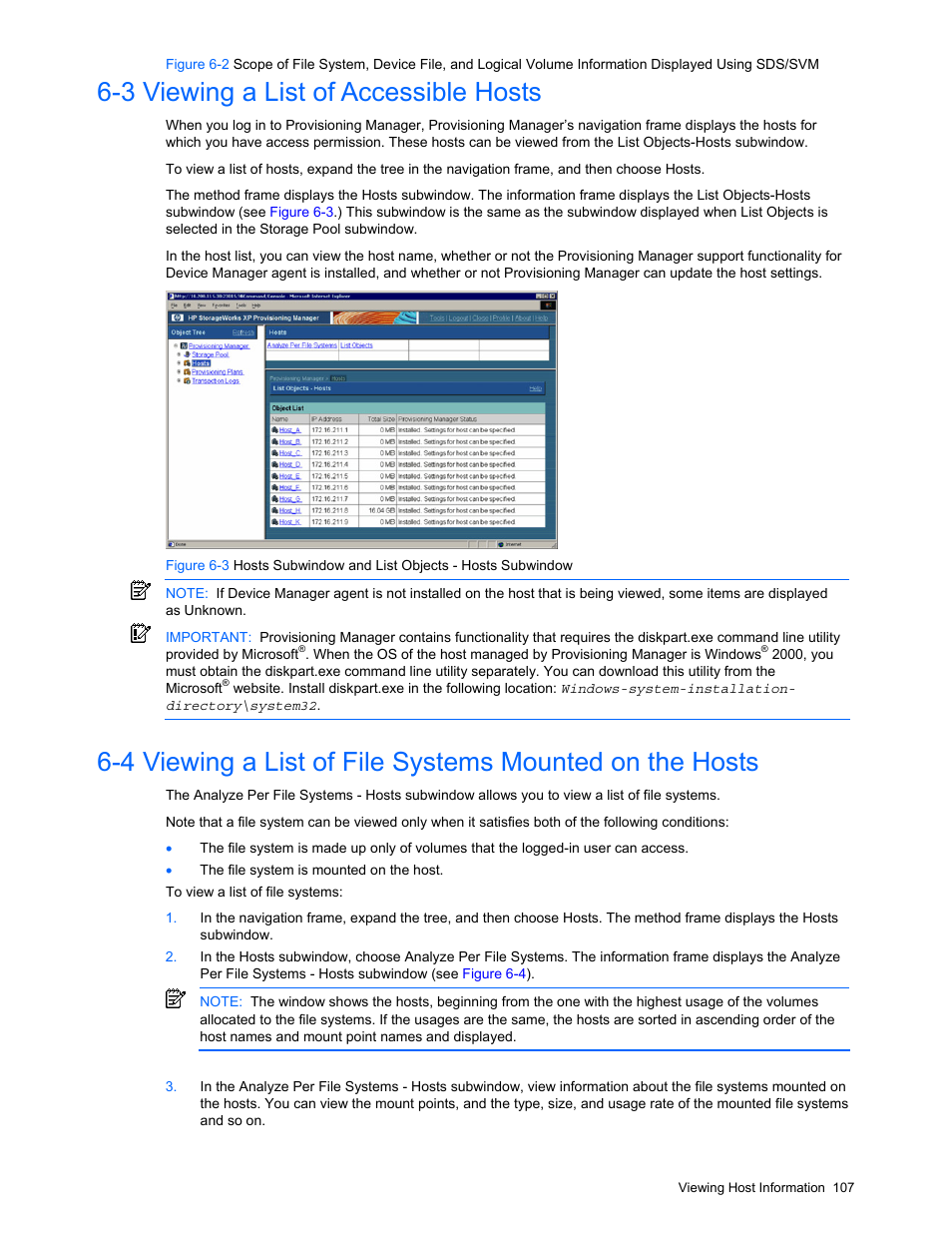 3 viewing a list of accessible hosts, Hosts (section | HP StorageWorks XP48 Disk Array User Manual | Page 107 / 203