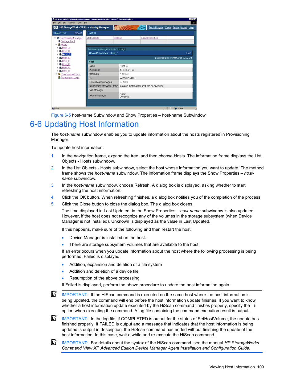 6 updating host information, Viewing detailed host information, Updating host information (section | HP StorageWorks XP48 Disk Array User Manual | Page 109 / 203