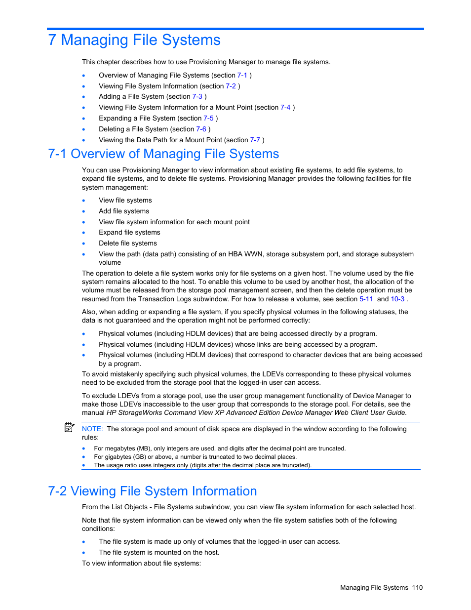 7 managing file systems, 1 overview of managing file systems, 2 viewing file system information | Updating host information | HP StorageWorks XP48 Disk Array User Manual | Page 110 / 203