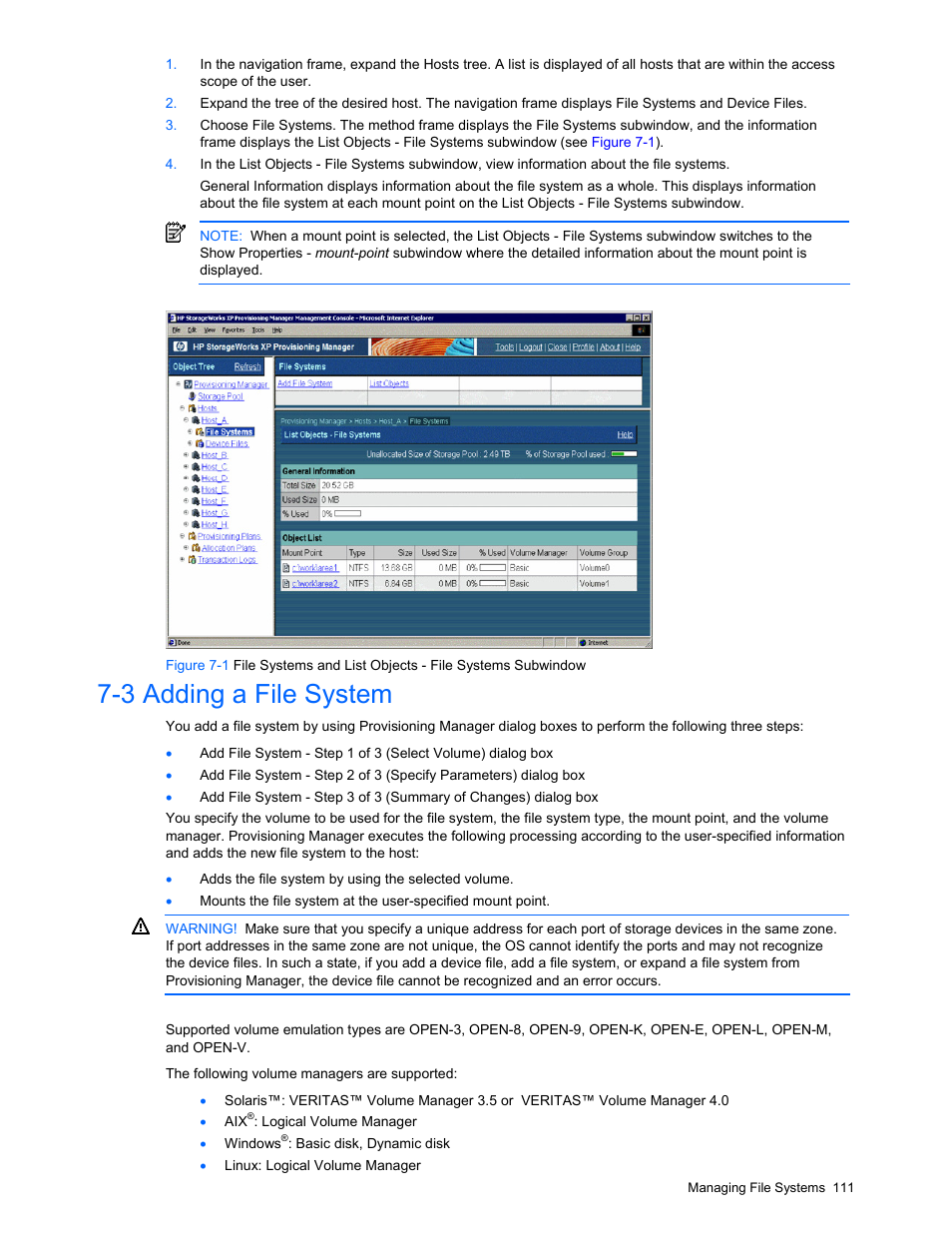 3 adding a file system, Managing file systems, Overview of managing file systems | Viewing file system information | HP StorageWorks XP48 Disk Array User Manual | Page 111 / 203