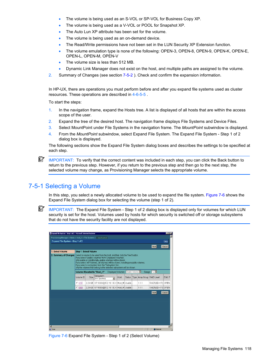 5-1 selecting a volume, Expanding a file system | HP StorageWorks XP48 Disk Array User Manual | Page 118 / 203