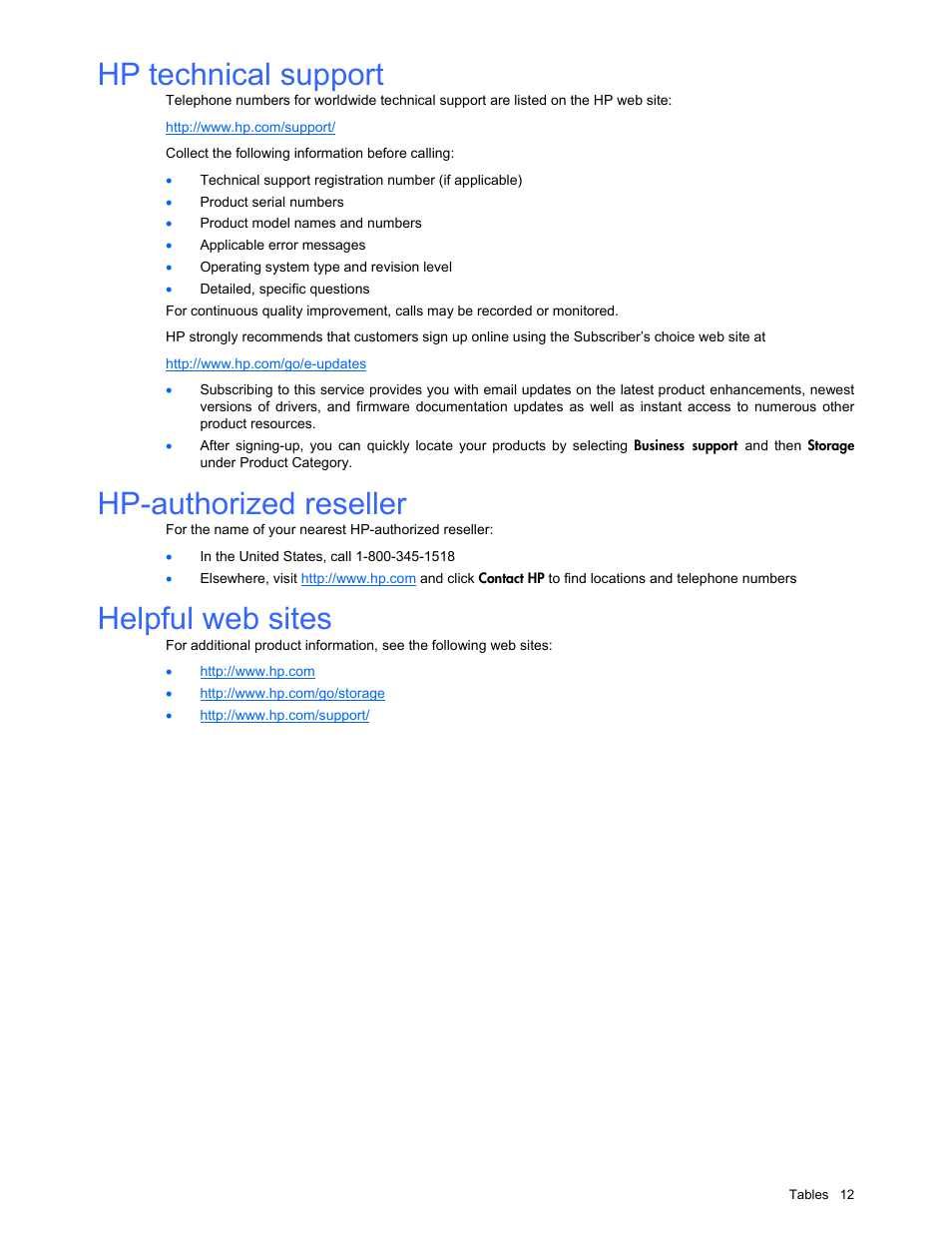 Hp technical support, Hp-authorized reseller, Helpful web sites | HP StorageWorks XP48 Disk Array User Manual | Page 12 / 203