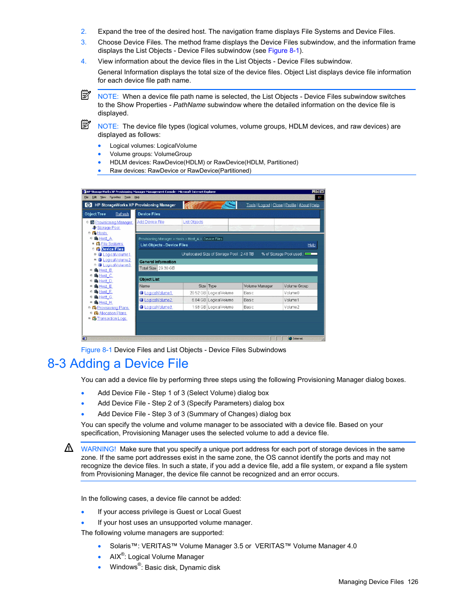 3 adding a device file, Managing device files, Overview of managing device files | Viewing device file information | HP StorageWorks XP48 Disk Array User Manual | Page 126 / 203