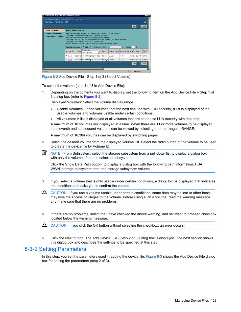 3-2 setting parameters, Selecting a volume, Figure 8-2 | HP StorageWorks XP48 Disk Array User Manual | Page 128 / 203