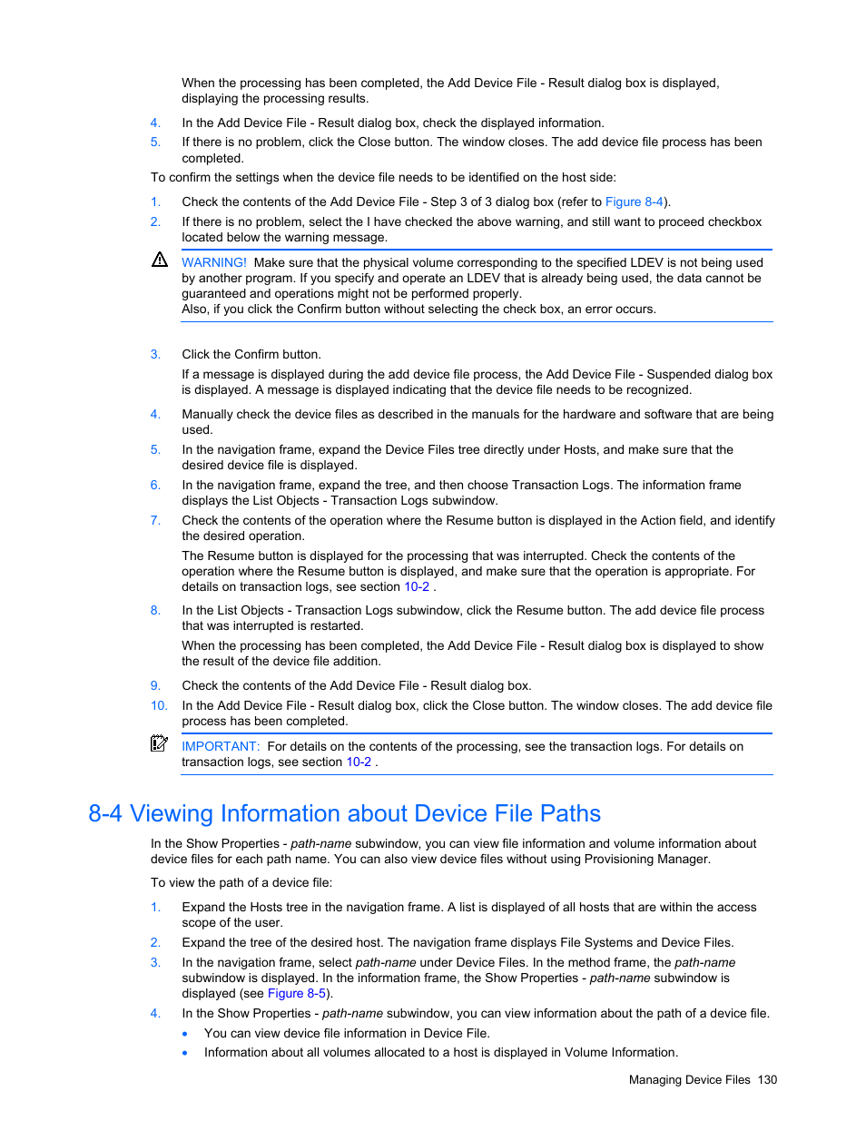 4 viewing information about device file paths, Confirming the settings, Section | HP StorageWorks XP48 Disk Array User Manual | Page 130 / 203