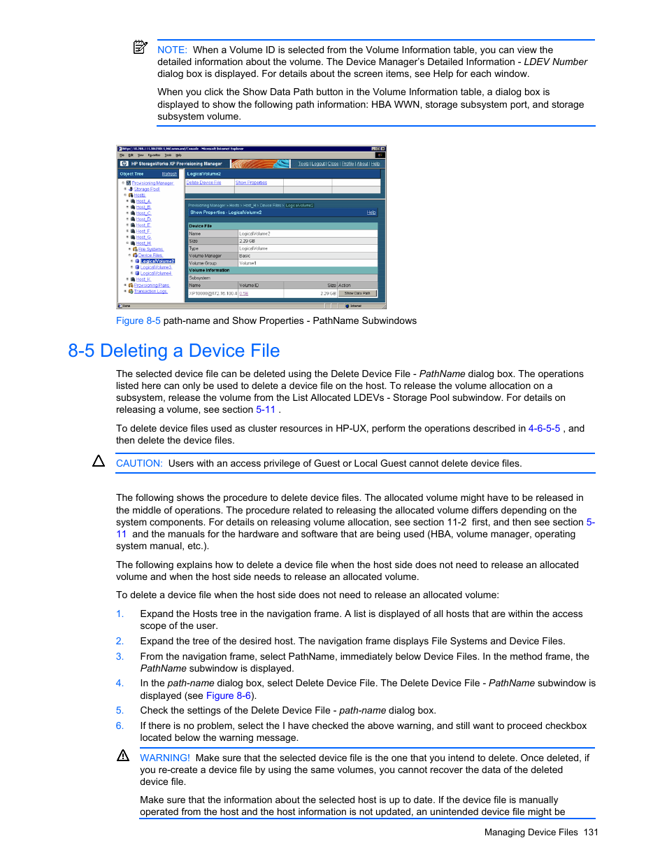 5 deleting a device file, Viewing information about device file paths, Figure 8-5 | HP StorageWorks XP48 Disk Array User Manual | Page 131 / 203