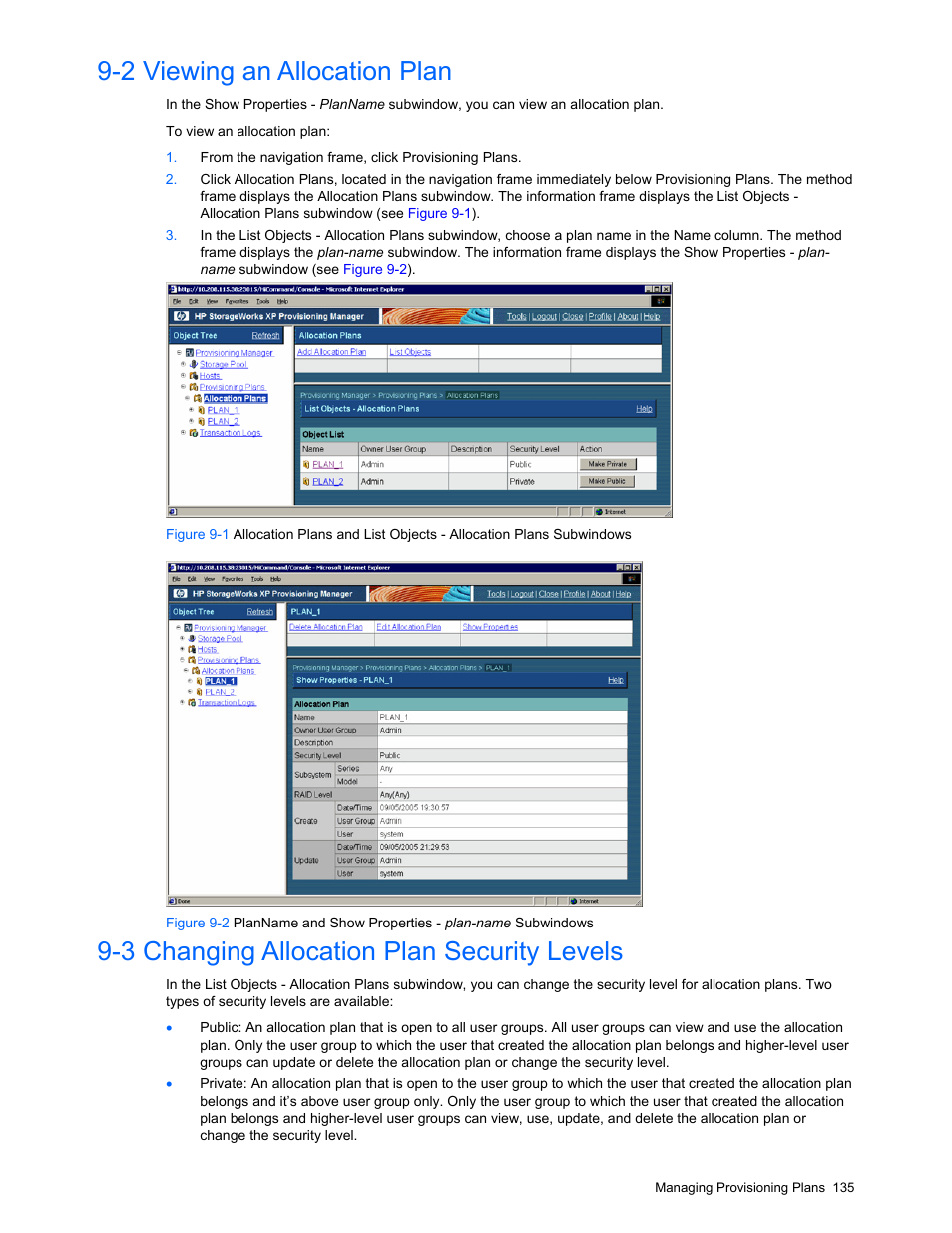 2 viewing an allocation plan, 3 changing allocation plan security levels, Managing provisioning plans | About managing provisioning plans, Tion | HP StorageWorks XP48 Disk Array User Manual | Page 135 / 203