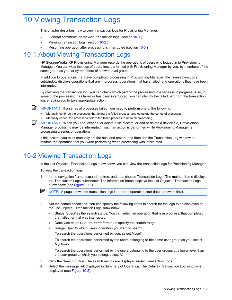 10 viewing transaction logs, 1 about viewing transaction logs, 2 viewing transaction logs | Figure 9-4 save as - planname dialog box, See section, E section 10-2, E section | HP StorageWorks XP48 Disk Array User Manual | Page 138 / 203