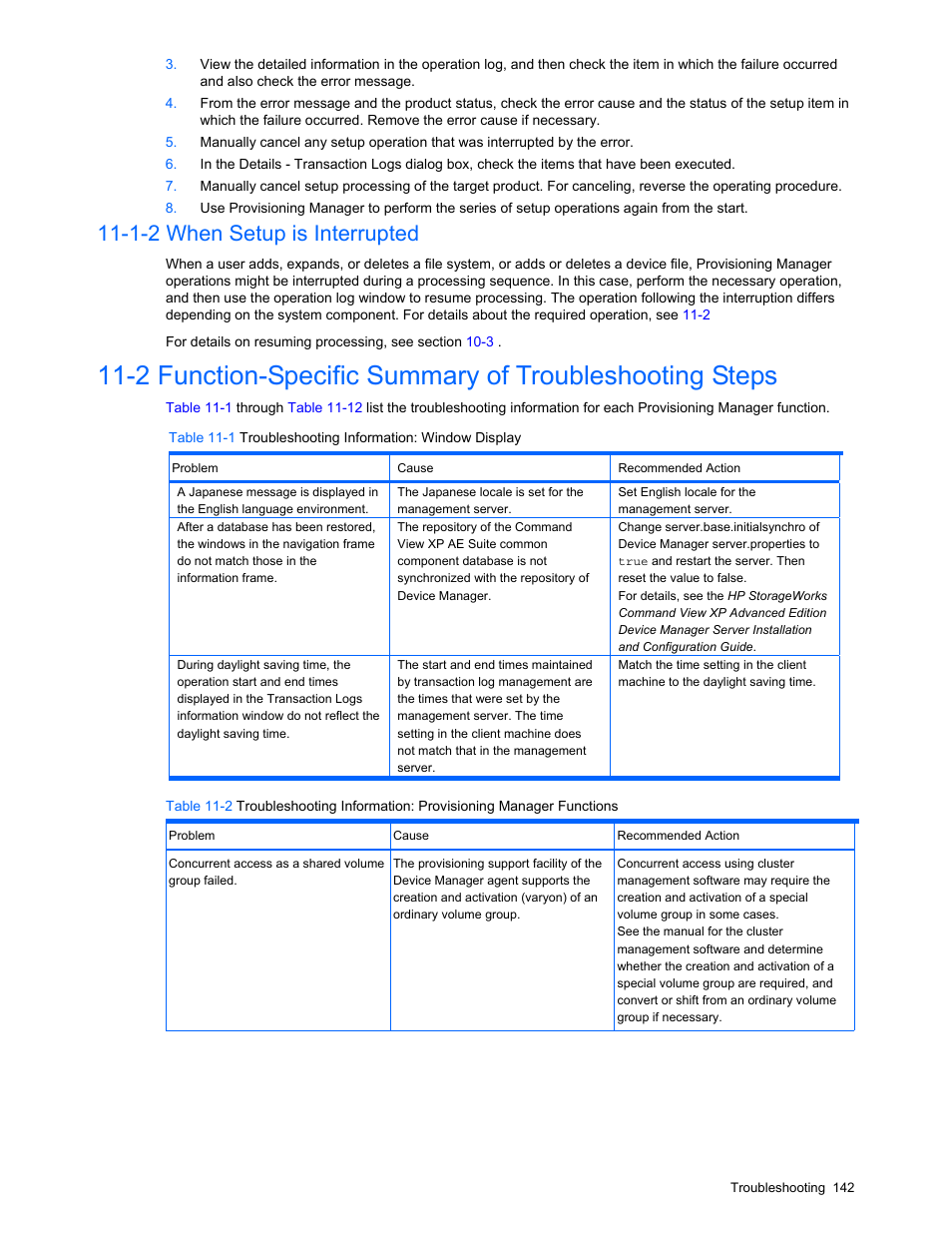 1-2 when setup is interrupted, Troubleshooting, Troubleshooting procedures during setup operations | When setup fails, 2 , and the, N 11-2 first, and then se, Ion 11-2 , and | HP StorageWorks XP48 Disk Array User Manual | Page 142 / 203