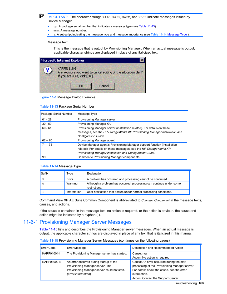 6-1 provisioning manager server messages, 4 server address specified during installation, 6 error messages | HP StorageWorks XP48 Disk Array User Manual | Page 166 / 203