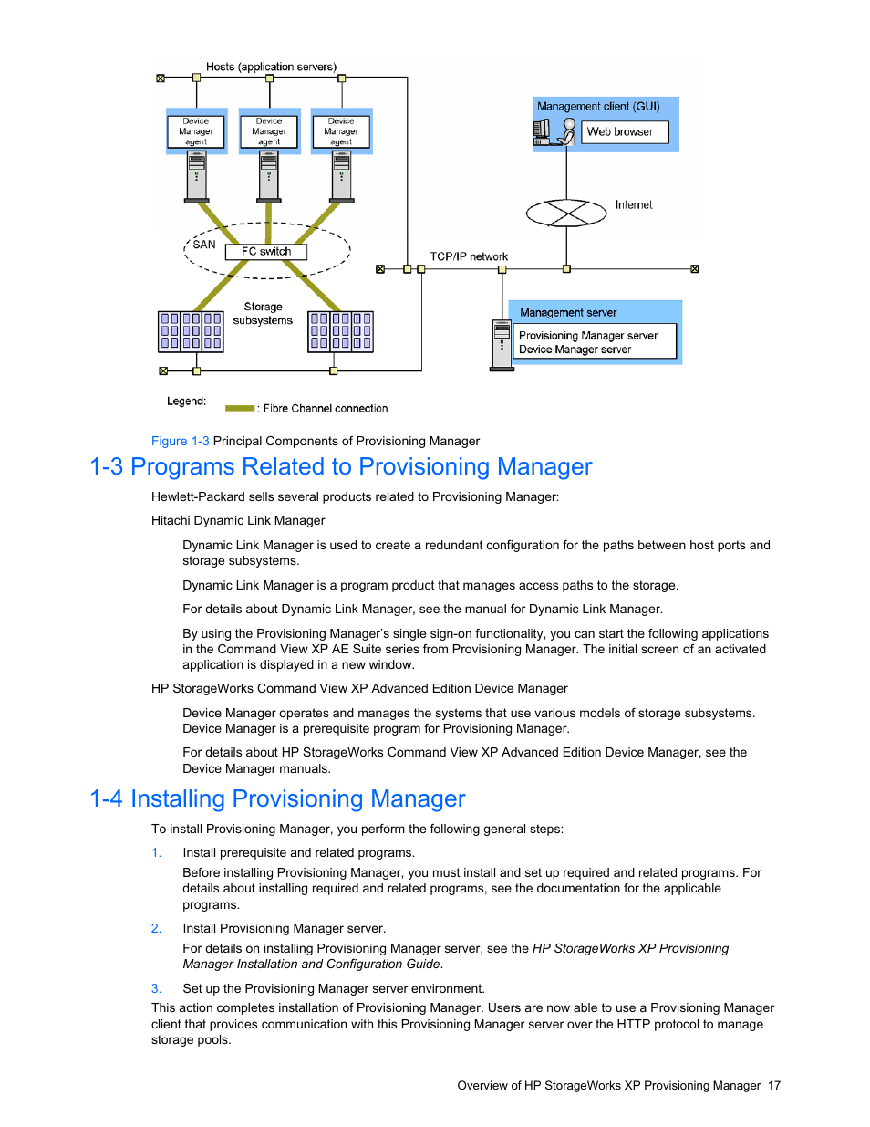 3 programs related to provisioning manager, 4 installing provisioning manager, Programs related to provisioning manager | Installing provisioning manager, Ection, R (section | HP StorageWorks XP48 Disk Array User Manual | Page 17 / 203