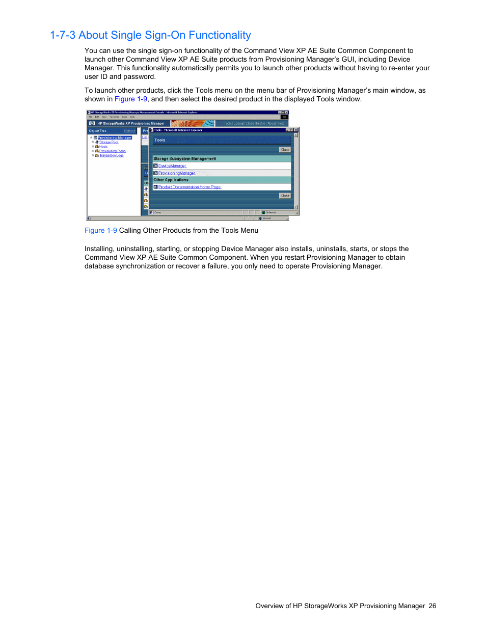 7-3 about single sign-on functionality, Provisioning manager planning and startup, Before logging in to provisioning manager | HP StorageWorks XP48 Disk Array User Manual | Page 26 / 203