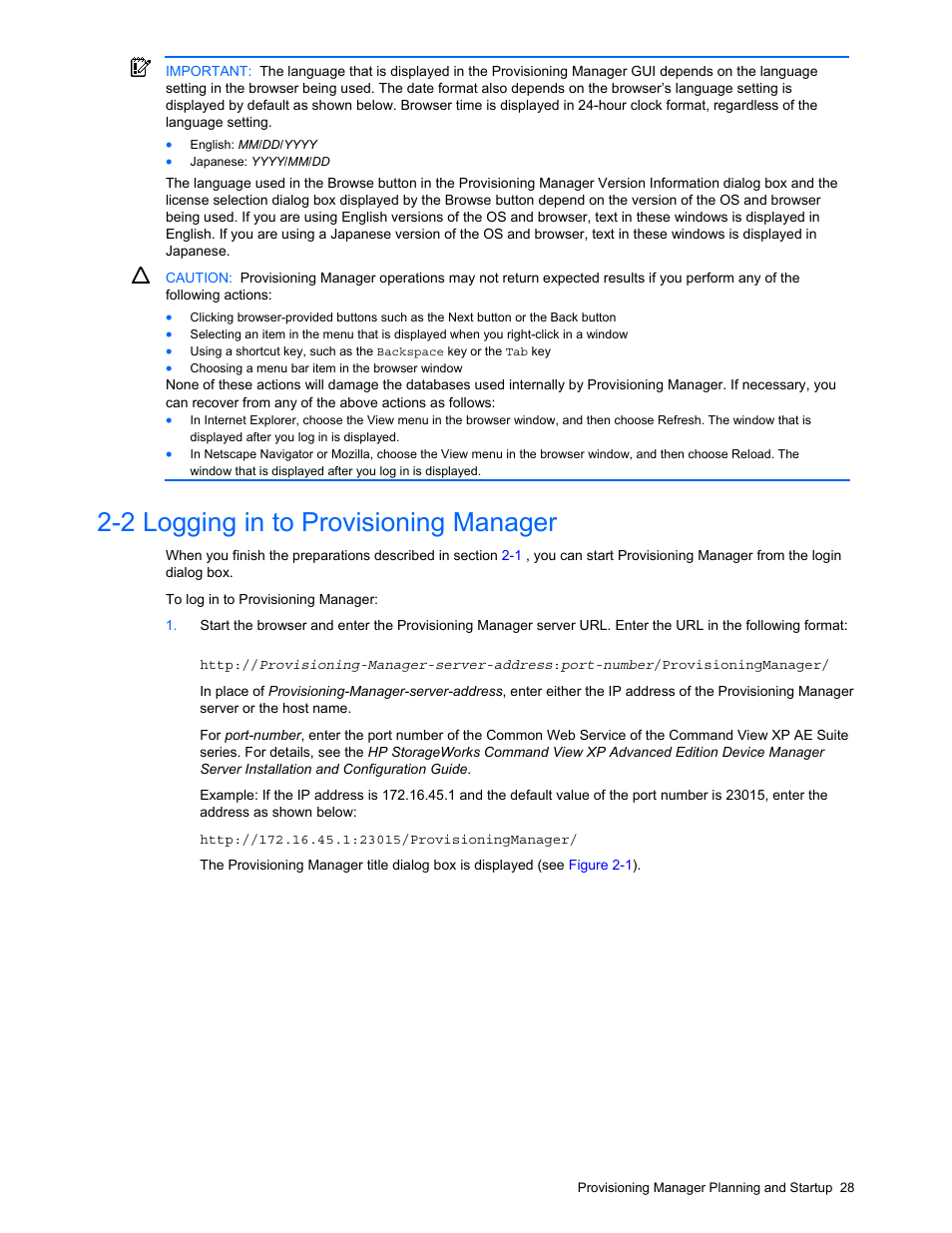 2 logging in to provisioning manager, Figure 2-1 provisioning manager title dialog box, Figure 2-2 provisioning manager login dialog box | Er (section | HP StorageWorks XP48 Disk Array User Manual | Page 28 / 203