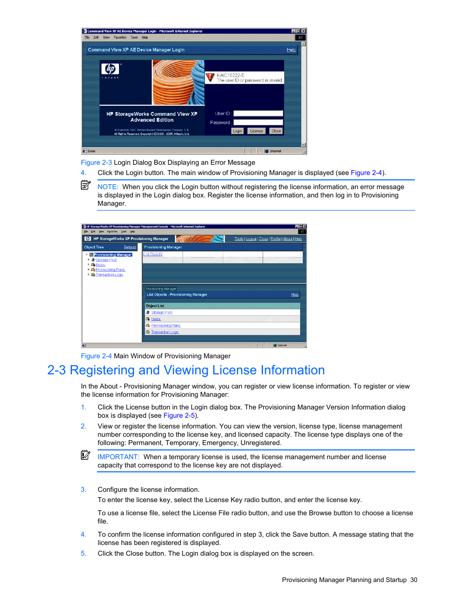 3 registering and viewing license information, Starting provisioning manager operation | HP StorageWorks XP48 Disk Array User Manual | Page 30 / 203