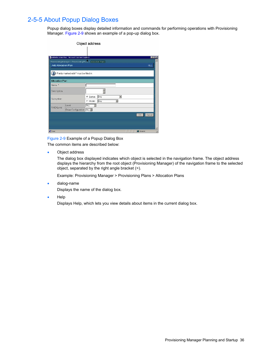 5-5 about popup dialog boxes, Using provisioning manager, Managing storage pools | Viewing storage pool usage status | HP StorageWorks XP48 Disk Array User Manual | Page 36 / 203