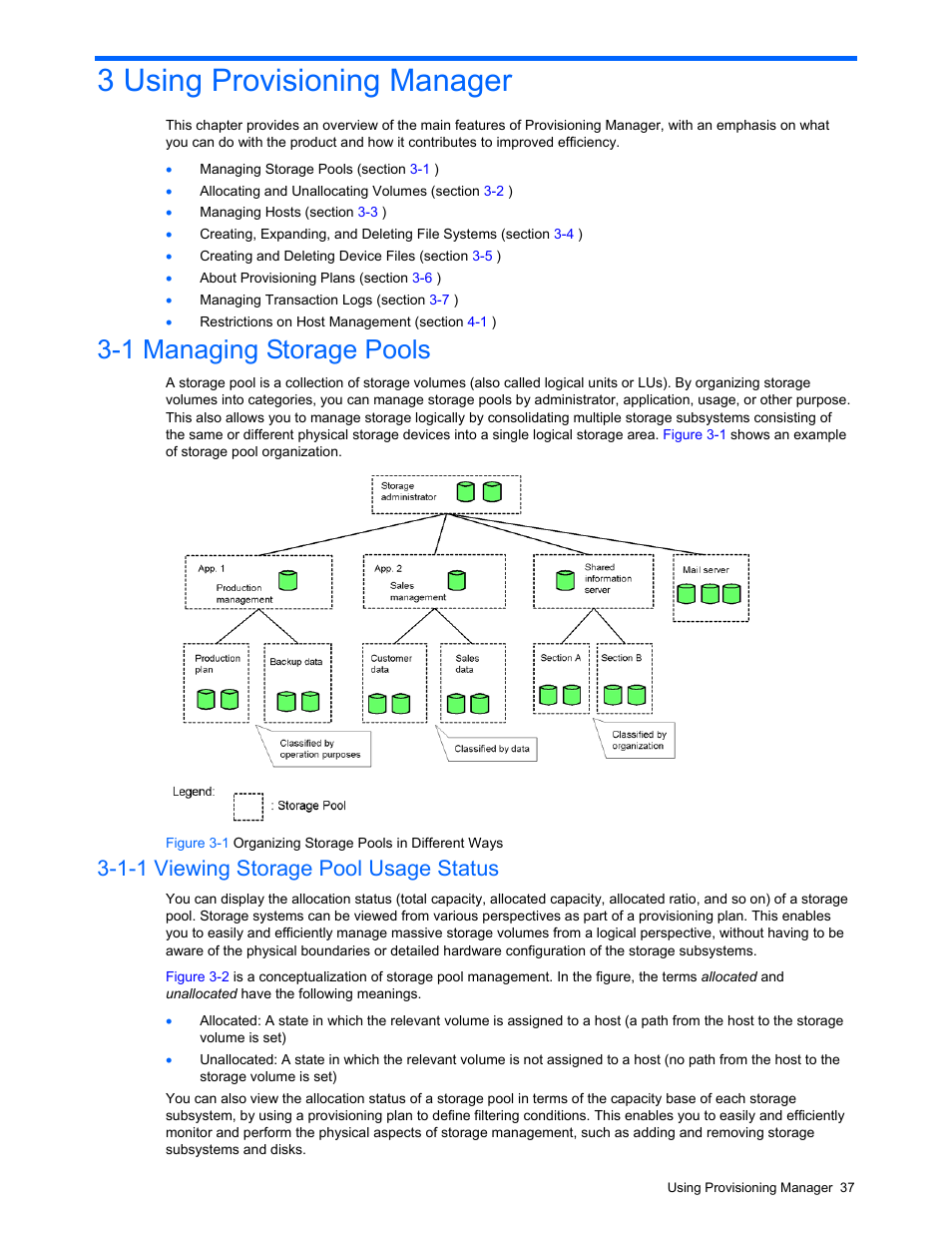 3 using provisioning manager, 1 managing storage pools, 1-1 viewing storage pool usage status | Figure 3-2 storage pool management in concept, Section | HP StorageWorks XP48 Disk Array User Manual | Page 37 / 203