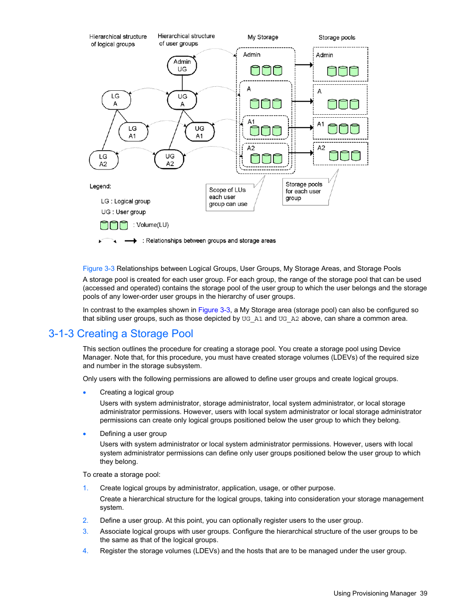 1-3 creating a storage pool, Linking storage pools with clpr and slpr functions | HP StorageWorks XP48 Disk Array User Manual | Page 39 / 203