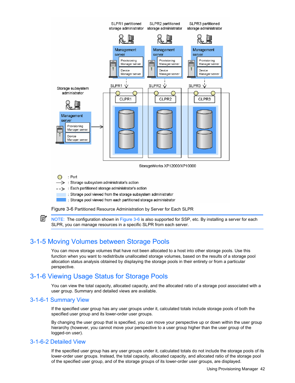 1-5 moving volumes between storage pools, 1-6 viewing usage status for storage pools, 1-6-1 summary view | 1-6-2 detailed view, Viewing a list of volumes, Moving volumes between storage pools | HP StorageWorks XP48 Disk Array User Manual | Page 42 / 203