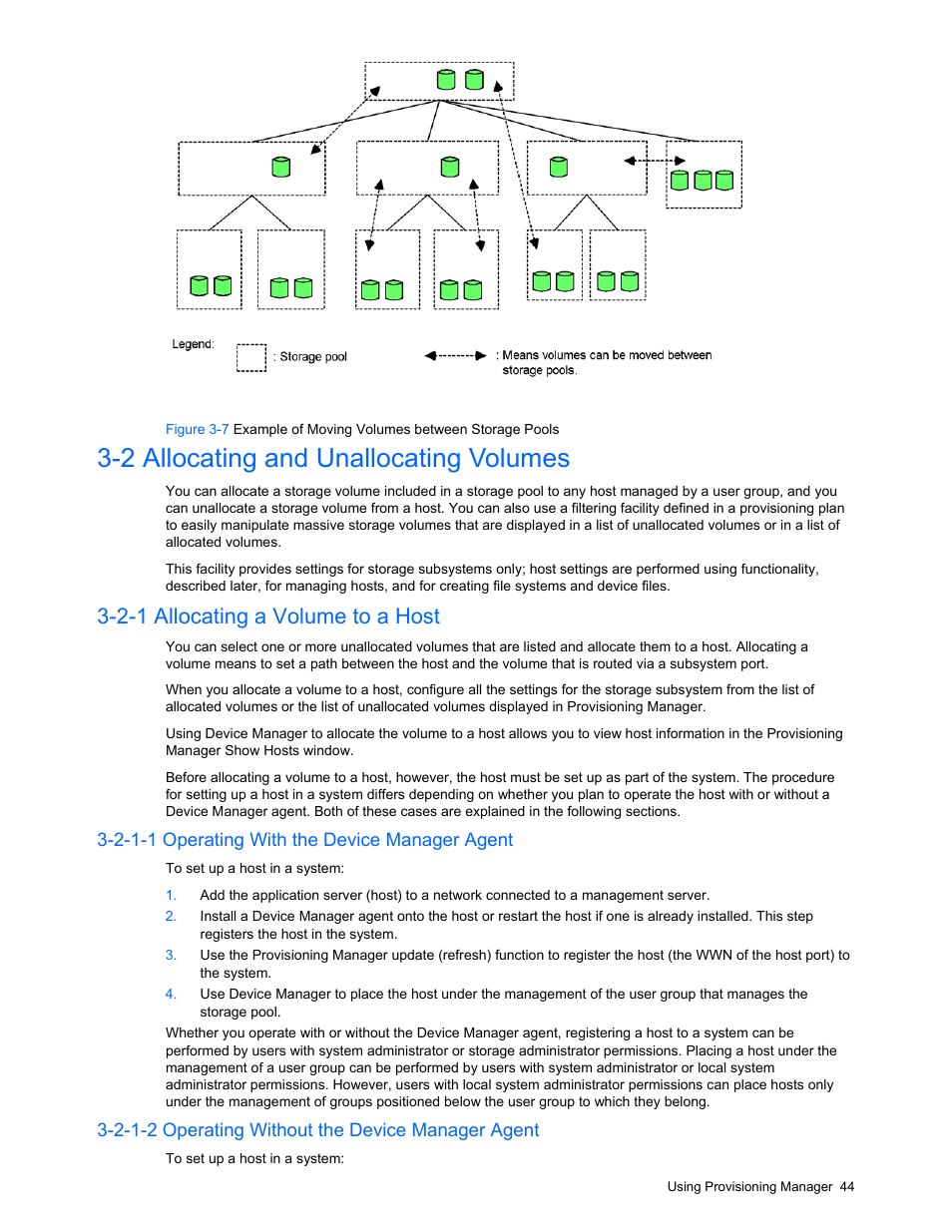 2 allocating and unallocating volumes, 2-1 allocating a volume to a host, 2-1-1 operating with the device manager agent | 2-1-2 operating without the device manager agent, Unallocating a volume, Managing hosts, Viewing host information, Updating host information, Creating, expanding, and deleting file systems, Creating a file system | HP StorageWorks XP48 Disk Array User Manual | Page 44 / 203