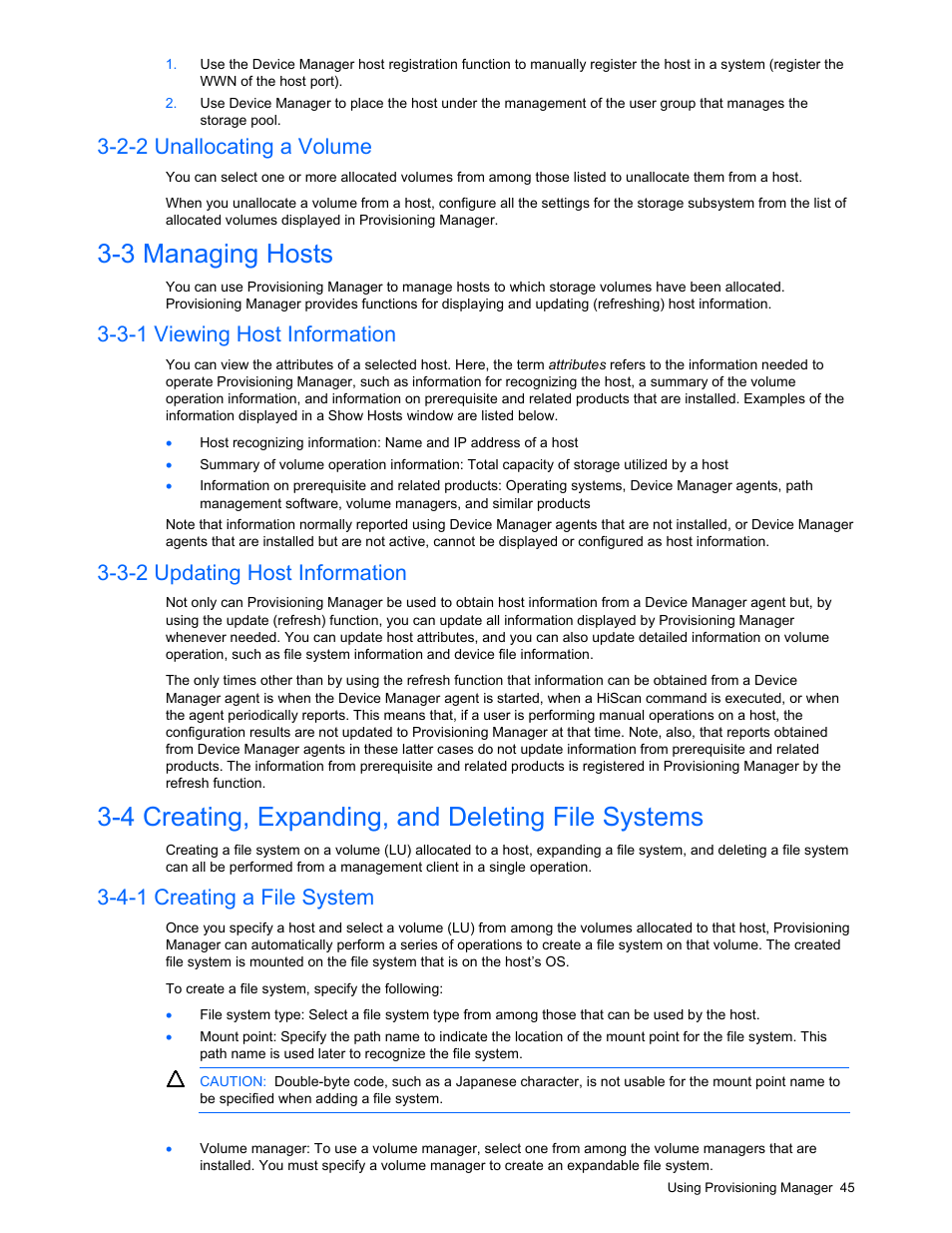 2-2 unallocating a volume, 3 managing hosts, 3-1 viewing host information | 3-2 updating host information, 4 creating, expanding, and deleting file systems, 4-1 creating a file system, Section, Ems (section | HP StorageWorks XP48 Disk Array User Manual | Page 45 / 203