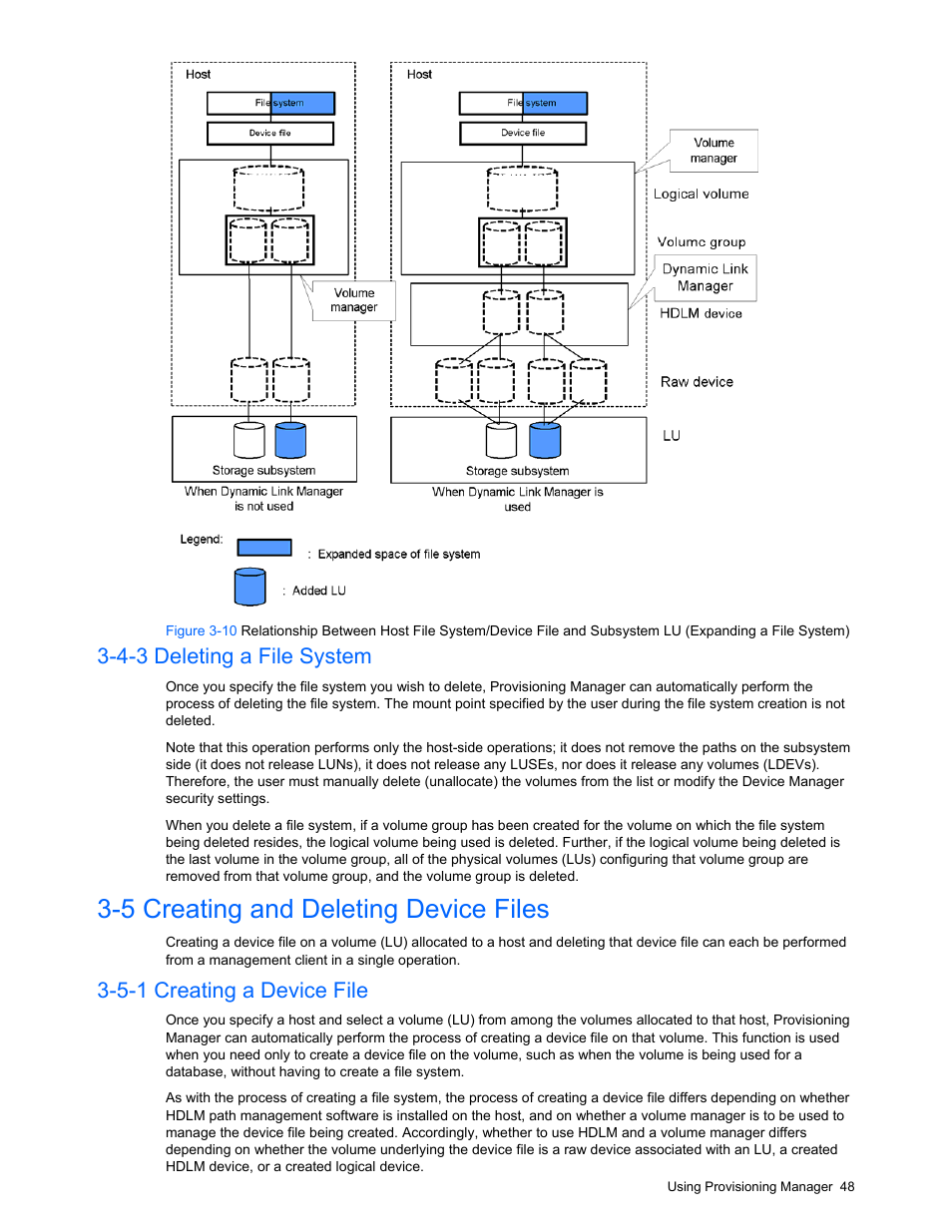 4-3 deleting a file system, 5 creating and deleting device files, 5-1 creating a device file | Deleting a file system, Creating and deleting device files, Creating a device file, Section, Figure 3-10 | HP StorageWorks XP48 Disk Array User Manual | Page 48 / 203