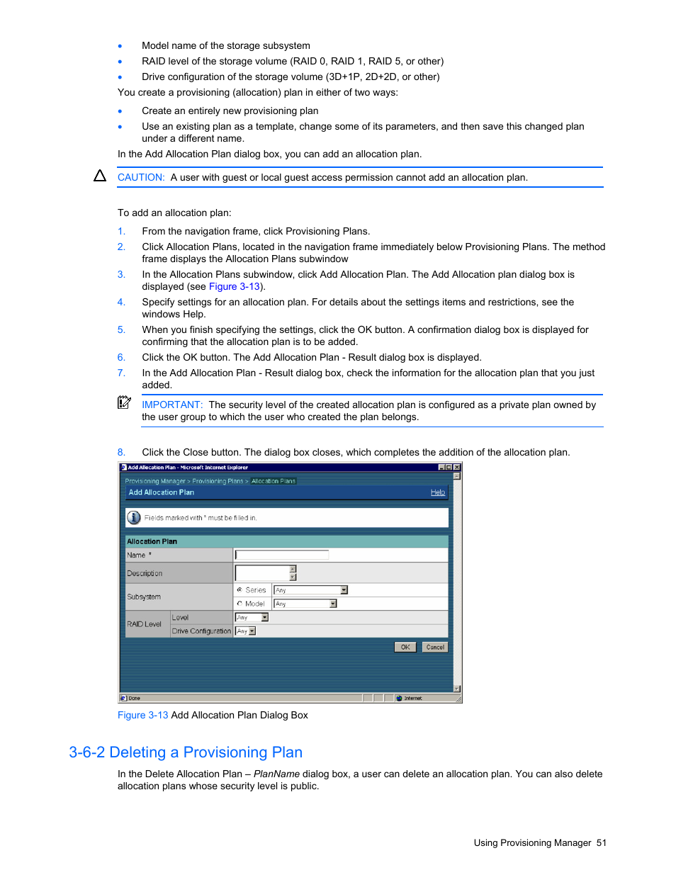 6-2 deleting a provisioning plan, Deleting a provisioning plan, Figure 3-13 add allocation plan dialog box | HP StorageWorks XP48 Disk Array User Manual | Page 51 / 203