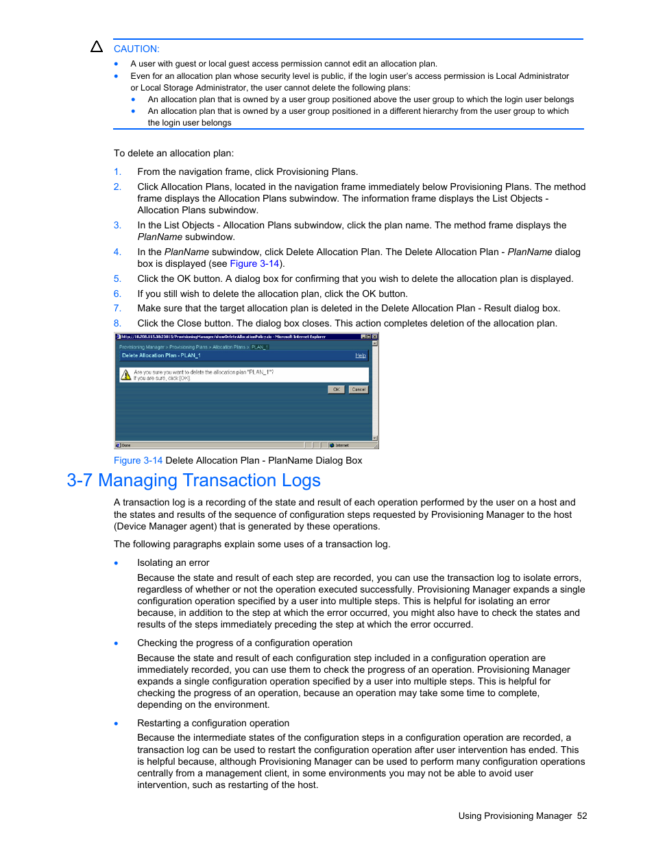 7 managing transaction logs, Managing transaction logs, Section | Ection | HP StorageWorks XP48 Disk Array User Manual | Page 52 / 203